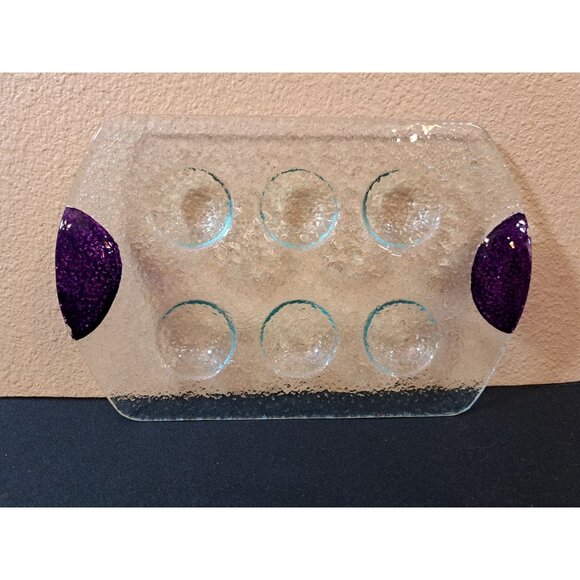 Clear Glass Art Deviled Egg Tray With Purple Accent For 6 Eggs - Picture 2 of 4